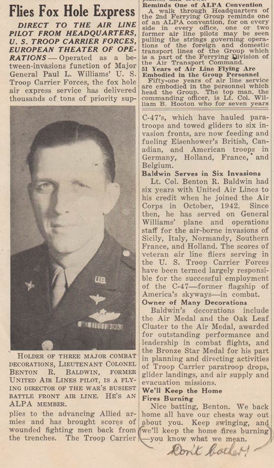B.H. Baldwin, Air Line Pilots Association News, January, 1945 (Source: Baldwin Family)
